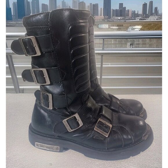 HARLEY DAVIDSON Black BOOTS Stock No. 91687 Size 10 Biker 7 Buckles Combat Goth - Picture 1 of 16
